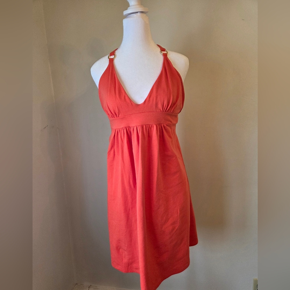 Moda International Coral Halter Dress Size M Cotton Spandex Shelf Bra Empire Wai